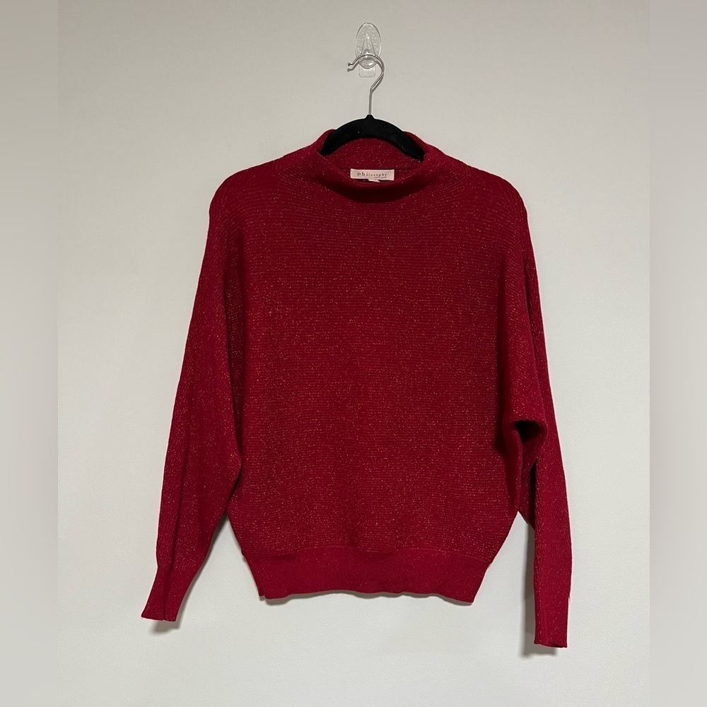 Philosophy Red Metallic Ribbed Mock Neck Sweater Size XS Party Event Holiday